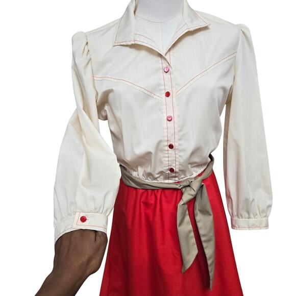 J.J. Dean of California Vintage 70s Western Cowgirl Puff Sleeve Midi Dress M Red - Picture 4 of 11